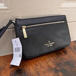 Kate Spade Black Leather Wristlet with Gold Accents